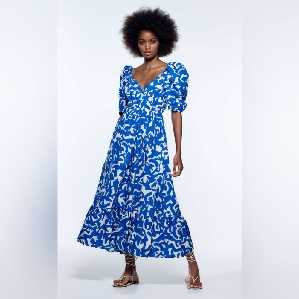 Blue & White Printed Poplin Zara dress with short sleeves, NWT, sz M